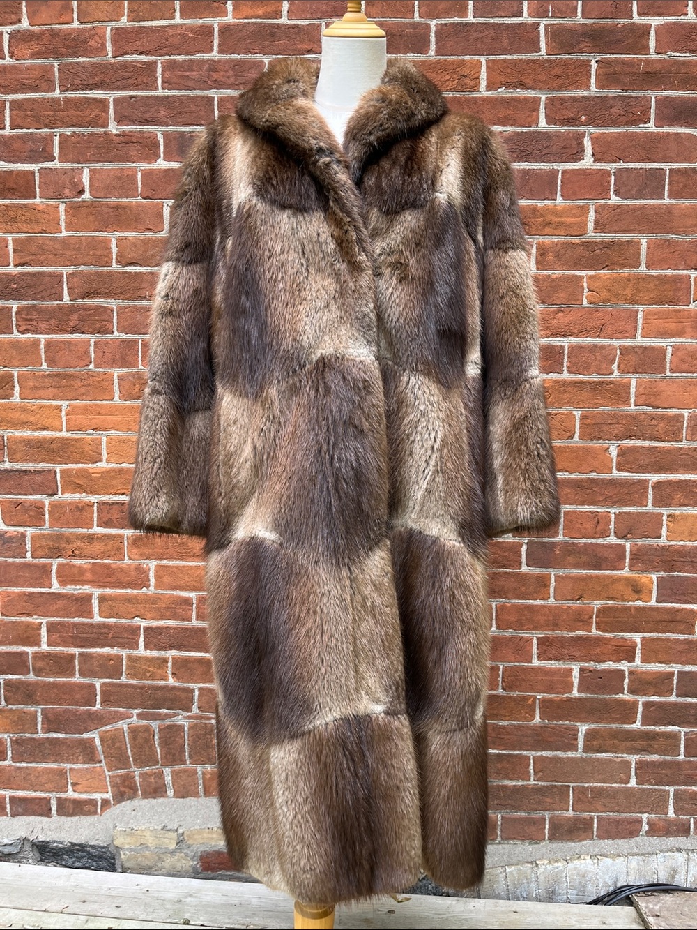 Vintage Fur Checkerboard Long Overcoat Marten/Mink